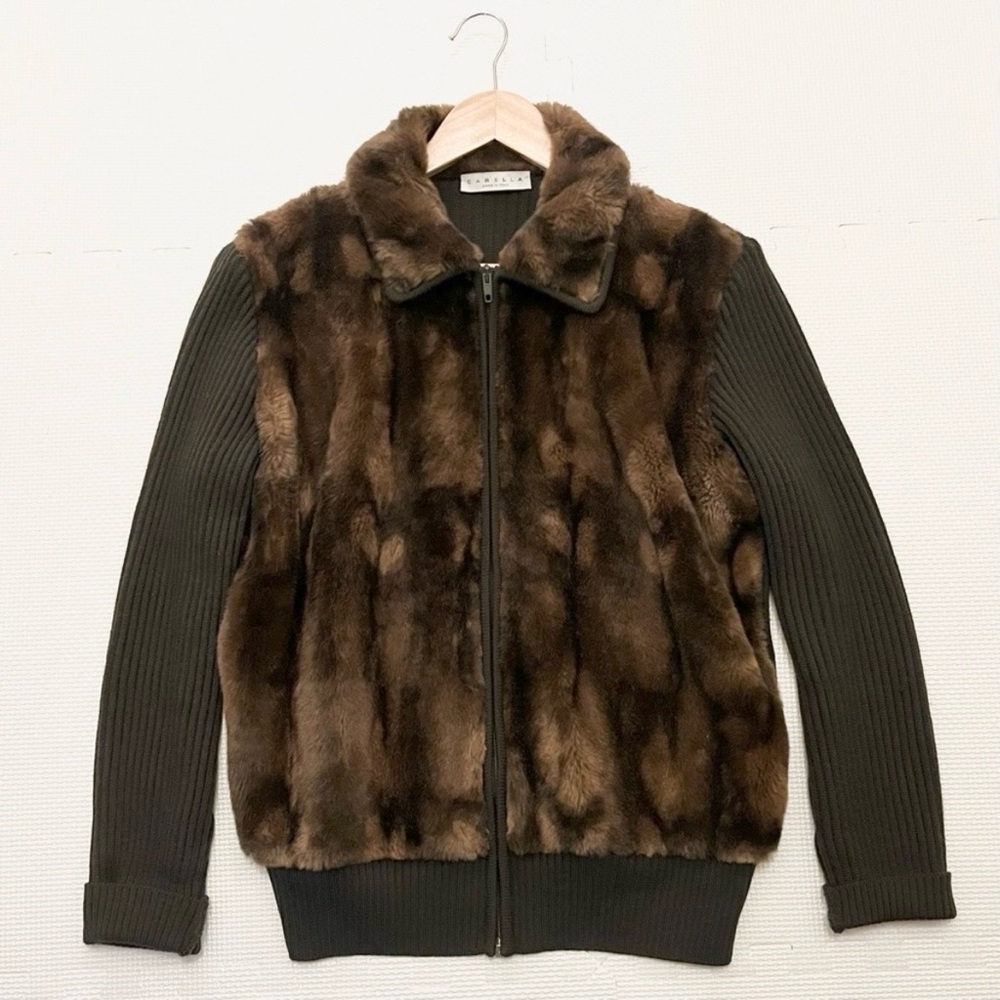 Merino Wool Faux Fur Sweater Jacket Brown Made in Italy Vintage Size 14